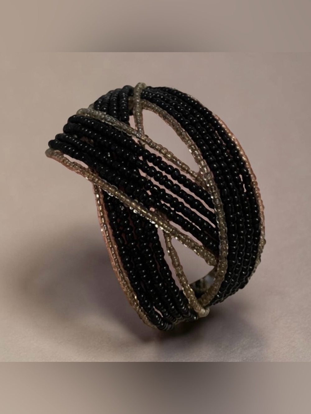 Multi-Strand Black and Silver Beaded Cuff Bracelet